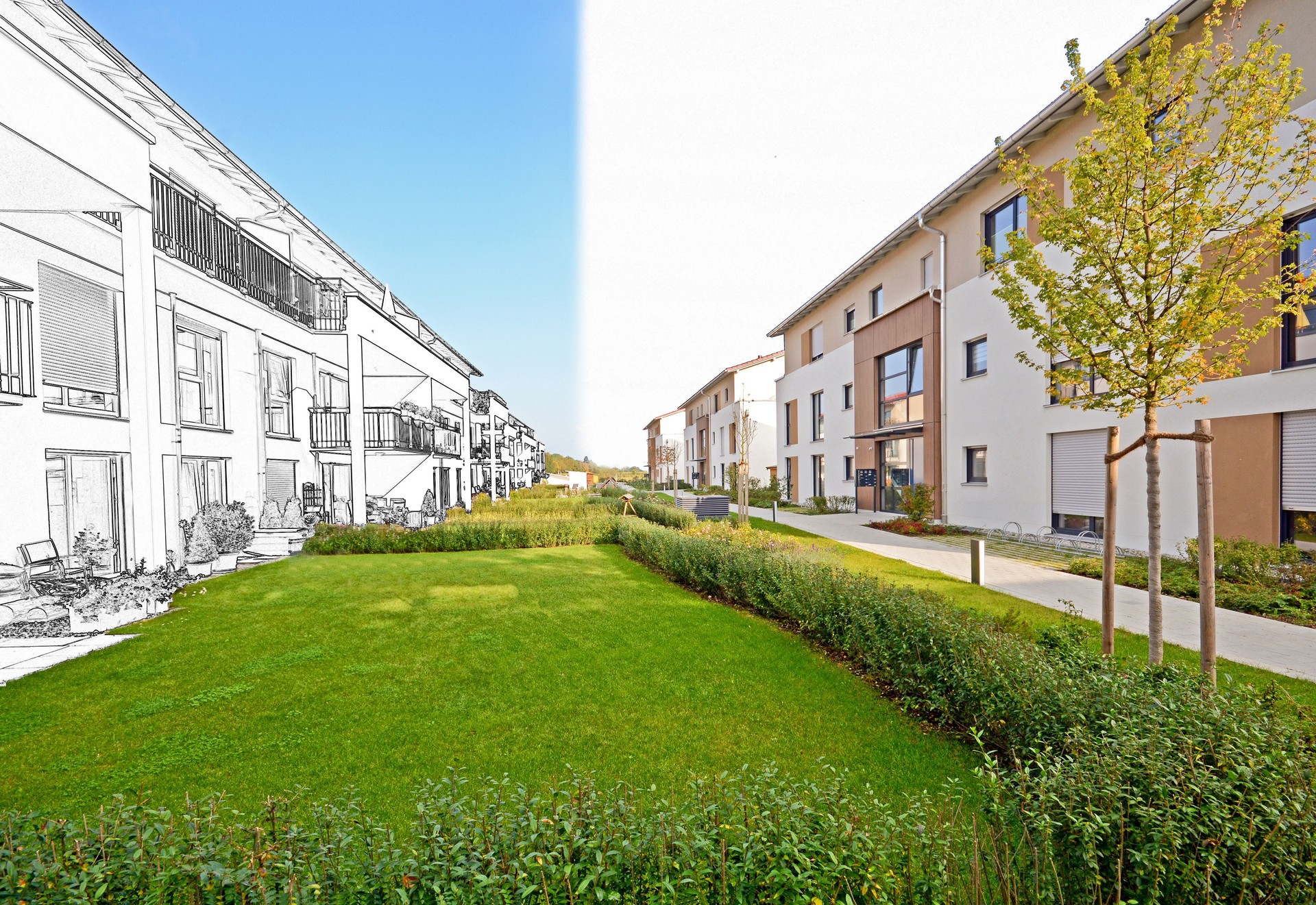 From drawing sketch of a residential area to construction completion of modern apartment buildings, new green urban landscape in the city